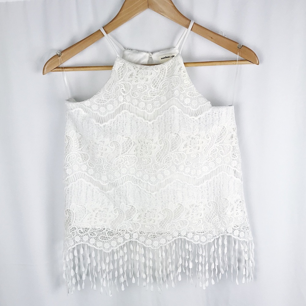 NWOT Monteau Girl White Lace Fringe Crop Top - Picture 2 of 7